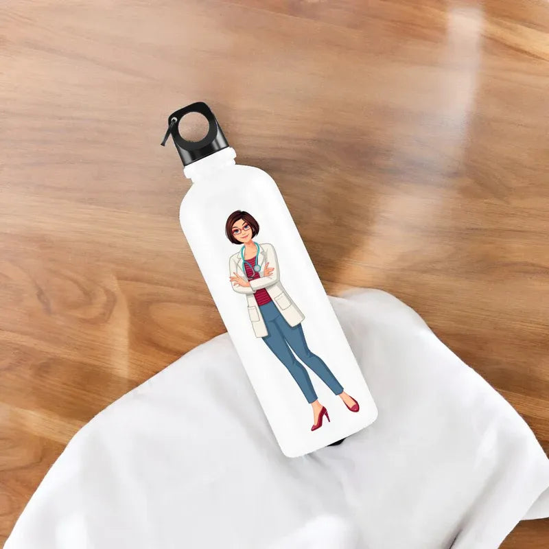 custom water bottle with a printed design of a person on a wooden surface