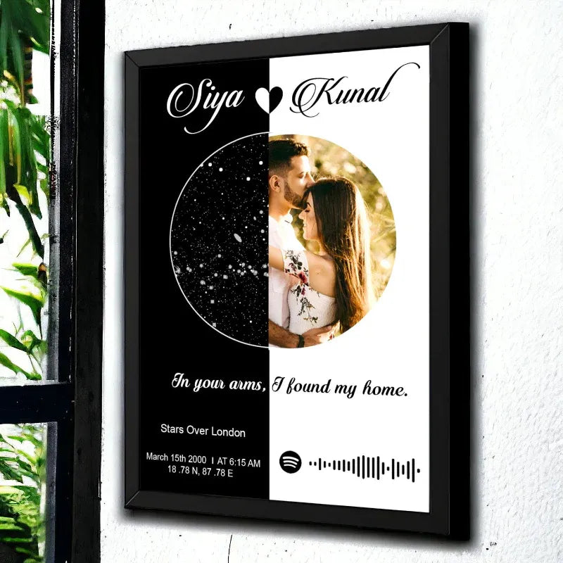 Framed artwork with a couple's photo, text, and star map on a white wall.