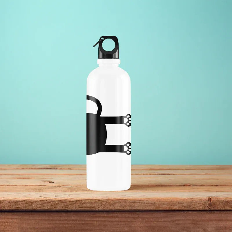 White water bottle with black design on a wooden surface and light blue background