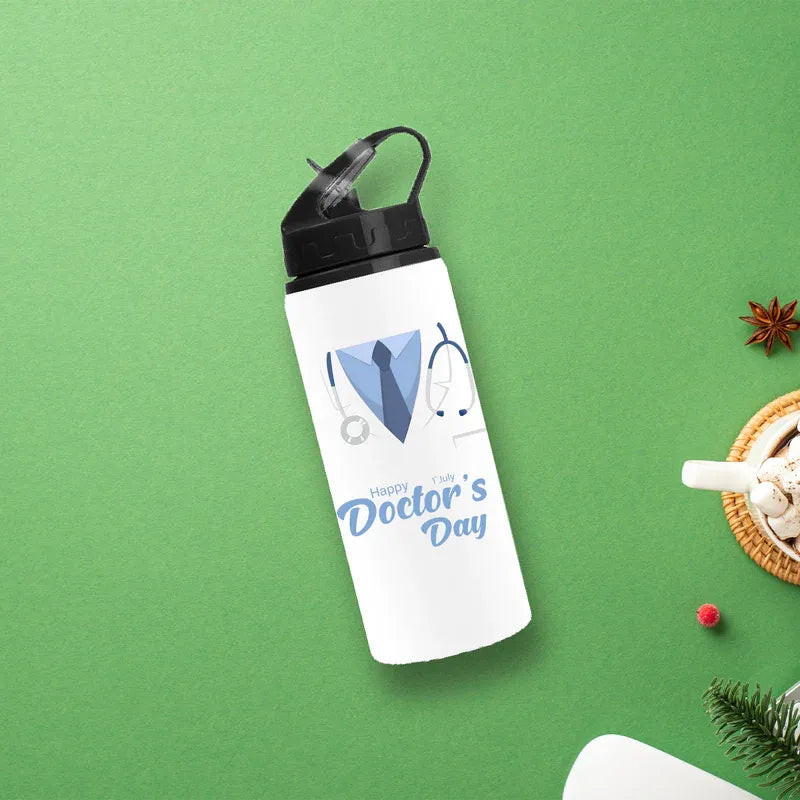 White water bottle with 'Happy Doctor's Day' text and stethoscope graphic on a green background