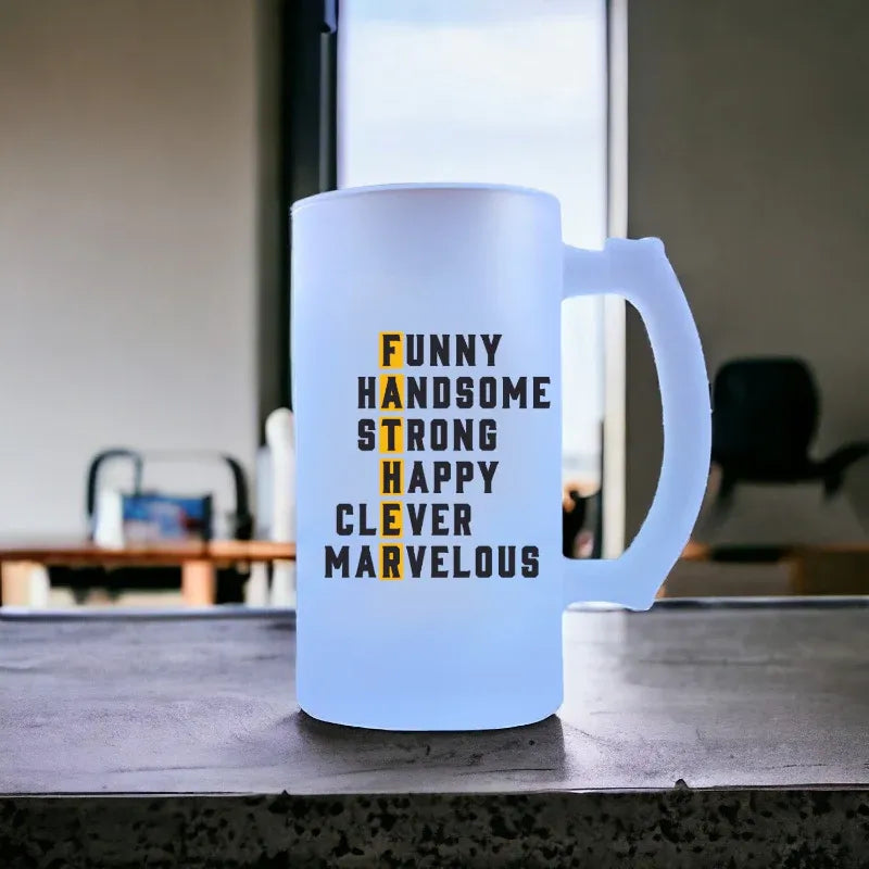 Frosted mug with motivational text on a blurred background