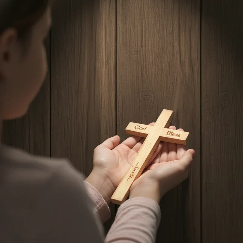 Person holding a wooden cross with 'God Bless' engraved against a wooden background