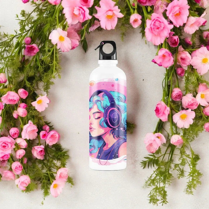Colorful water bottle with a design of a person wearing headphones surrounded by pink flowers and green leaves.