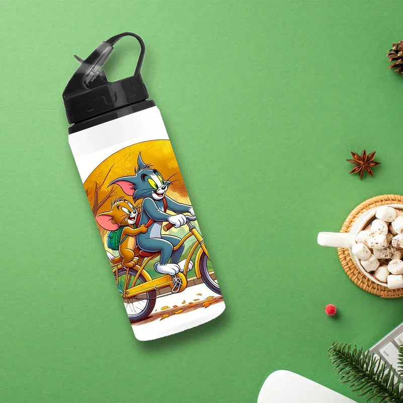 Water bottle with cartoon design on a green background