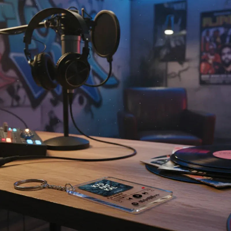 Music studio setup with microphone, headphones, and vinyl records on a desk with a custom song keychain