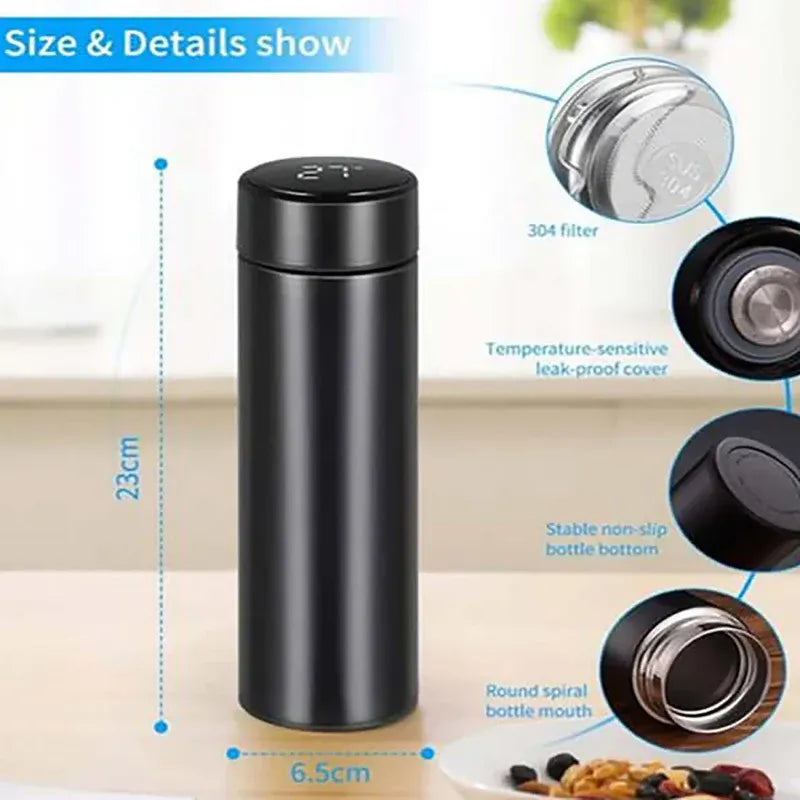 Black custom  thermos bottle with detailed features and measurements on a neutral background