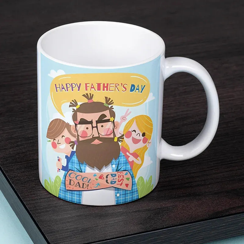 Mug with a Father's Day design featuring a father and two children on a dark surface.
