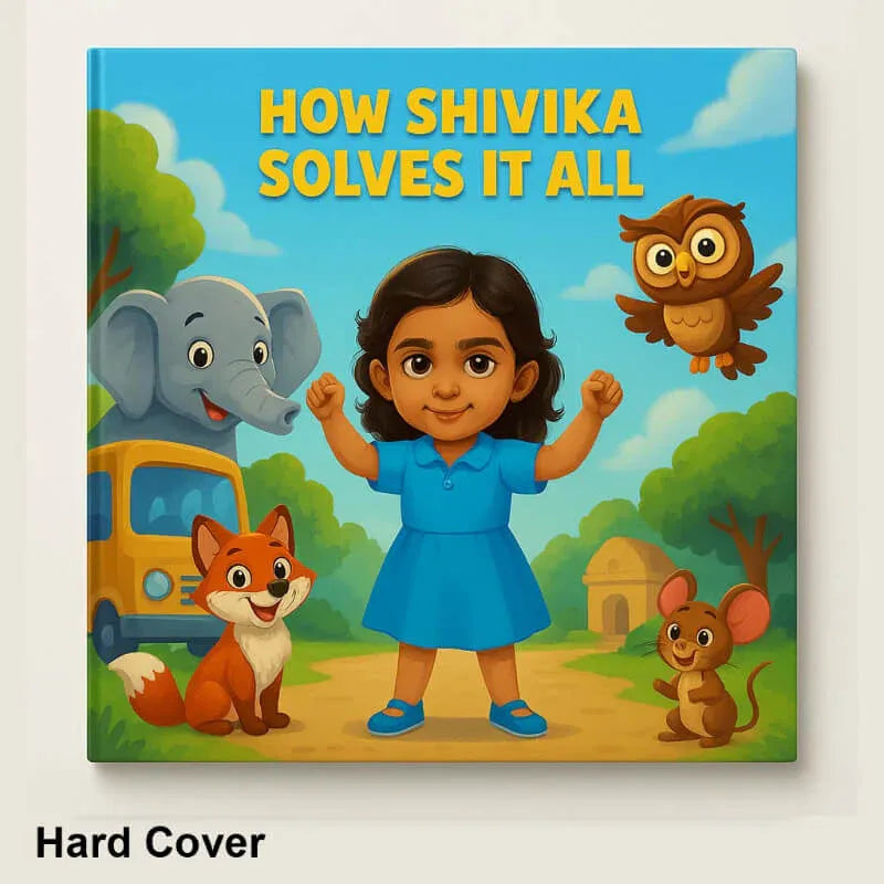 Book cover with a girl and animals in a forest setting, titled 'How Shivika Solves It All'.