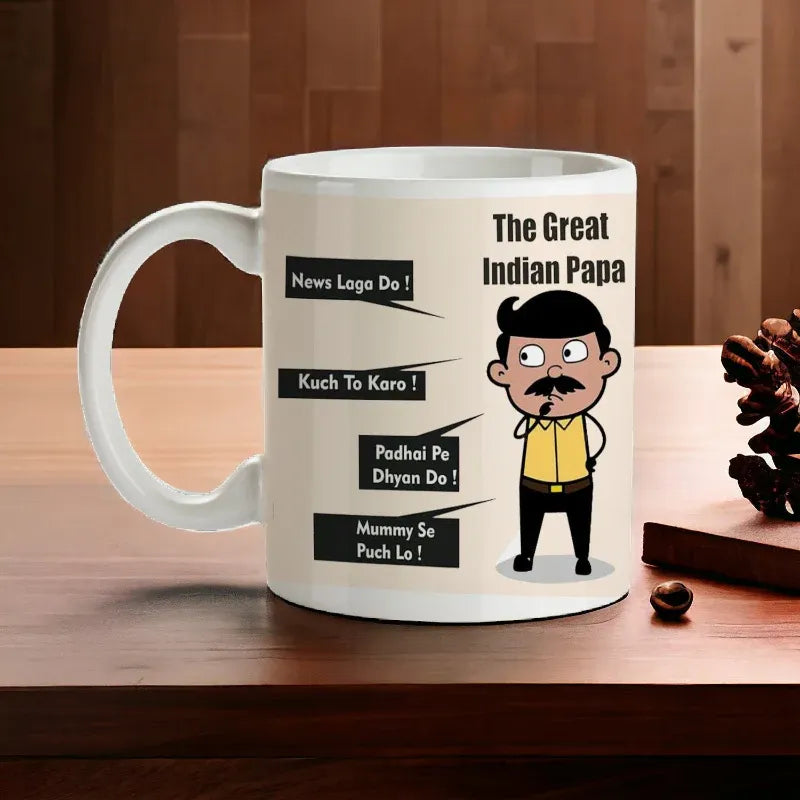 Mug with 'The Great Indian Papa' design on a wooden surface