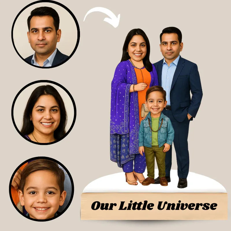 Family portrait with close-up photos of family members and 'Our Little Universe' text on a beige background.