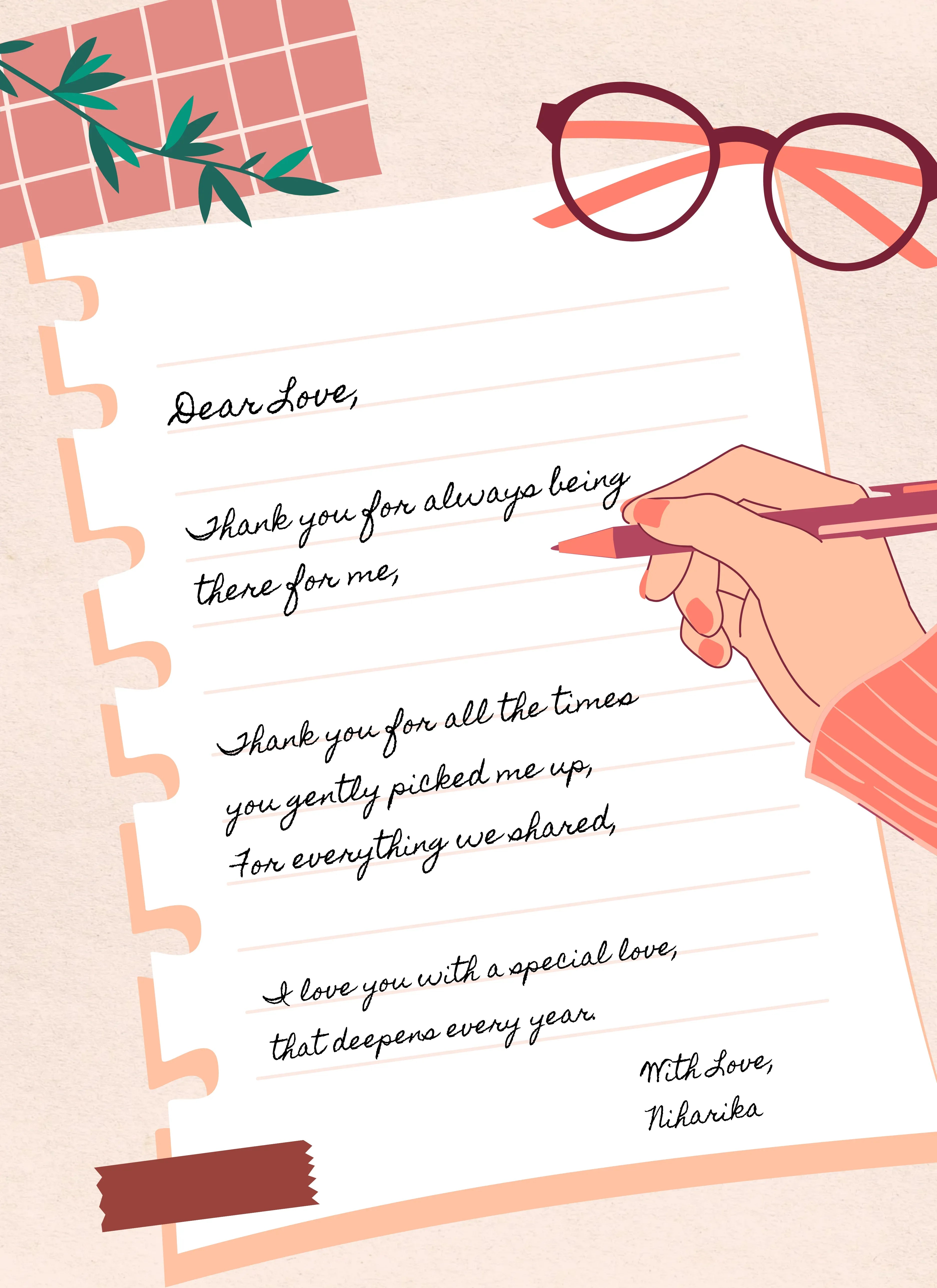 A handwritten letter with a message that reads 'Dear Love, Thank you for always being there for me. I love you more than words can express.