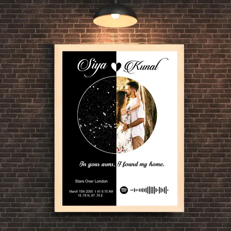 Personalized photo frame with couple's name and romantic quote on a brick wall.