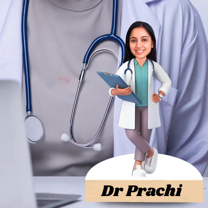 Cartoon doctor holding a clipboard with a stethoscope and laptop in the background, labeled 'Dr Prachi'.