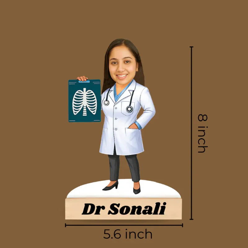 Figurine of a doctor named Dr. Sonali holding a chest X-ray, with dimensions indicated on a brown background.