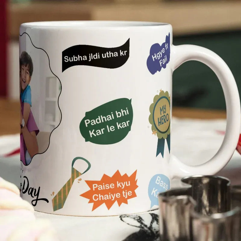 White mug with colorful text and graphics on a blurred background