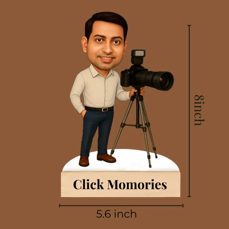 Caricature of a man with a camera on a tripod, labeled 'Click Momories', on a brown background.