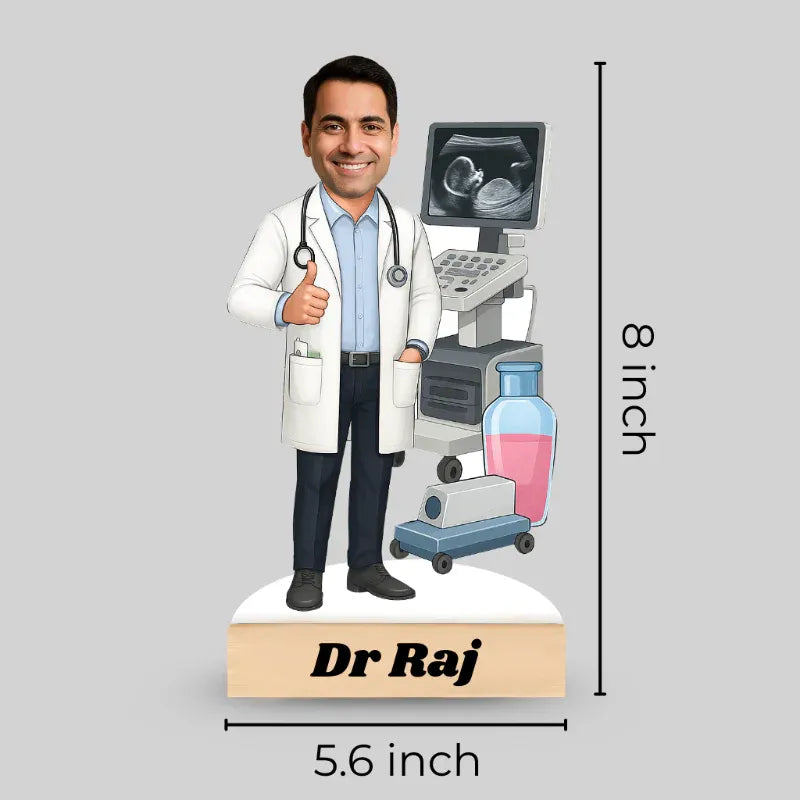 Custom bobblehead figure of a doctor with ultrasound machine and measurements on a gray background