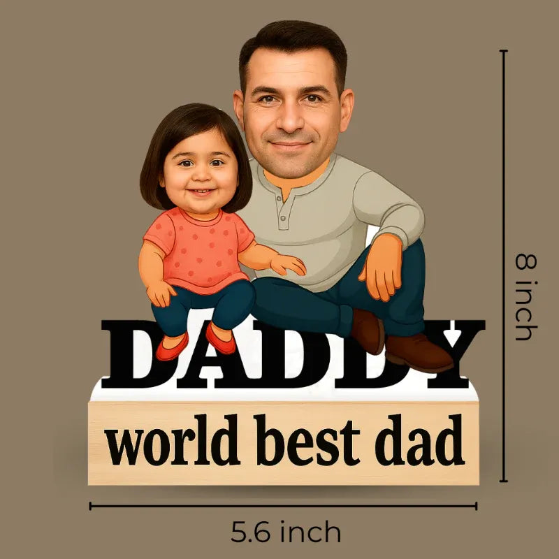 Cartoon illustration of a father and daughter with 'Daddy world best dad' text on a brown background