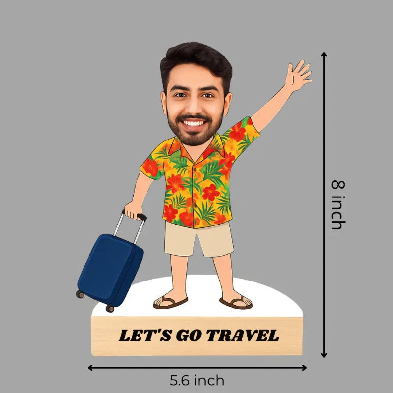 Caricature of a man in a tropical shirt with a suitcase, labeled 'Let's Go Travel', on a gray background.