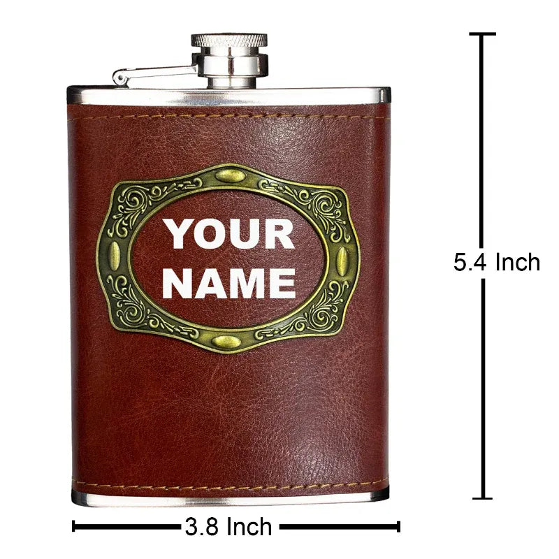 Brown leather flask with customizable nameplate and measurements on a white background