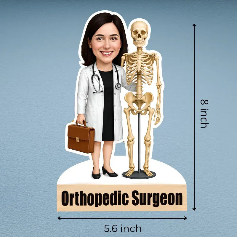 Bobblehead figure of an orthopedic surgeon with a skeleton, dimensions indicated on a blue background.
