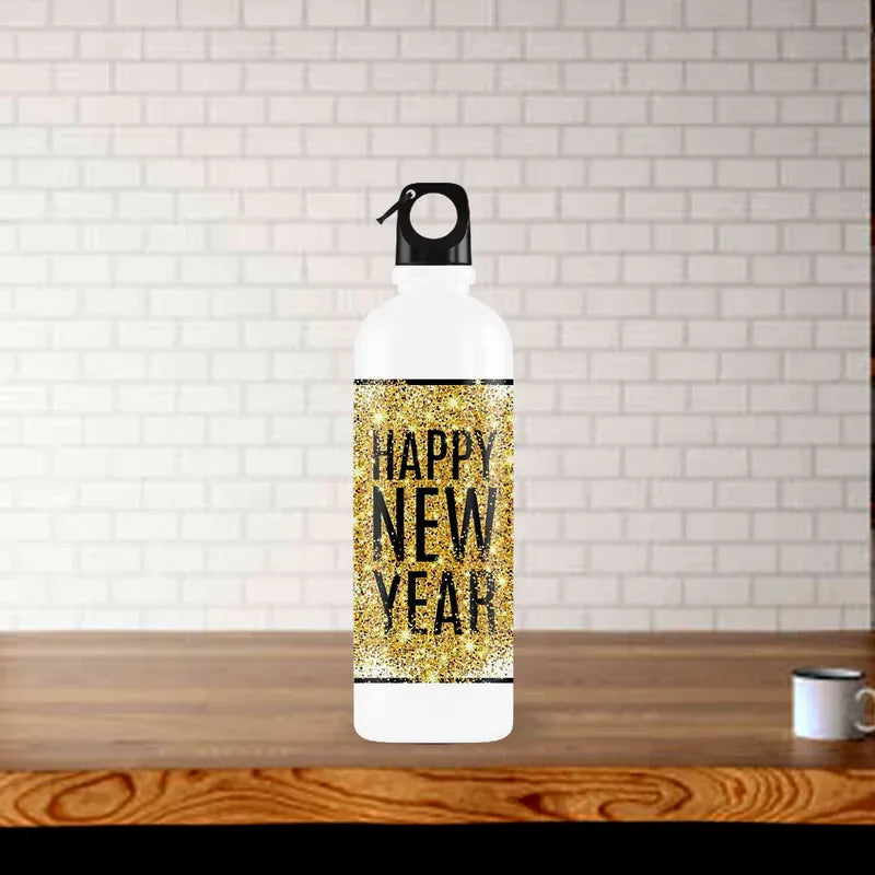 White water bottle with 'Happy New Year' text on a wooden surface with a white brick wall background