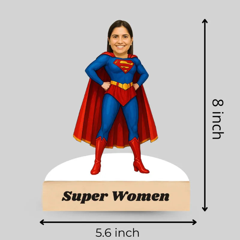 Superman figurine with dimensions and 'Super Women' text on a gray background