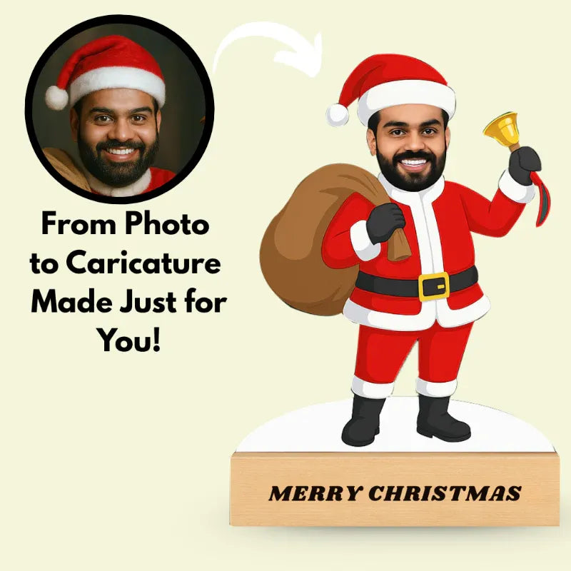 Cartoon Santa Claus with a bell and sack, next to a photo of a man with text 'From Photo to Caricature Made Just for You!'.