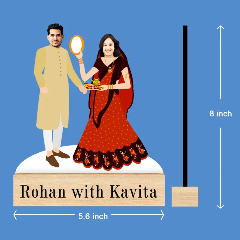 Illustration of a man and woman in traditional attire with dimensions on a blue background