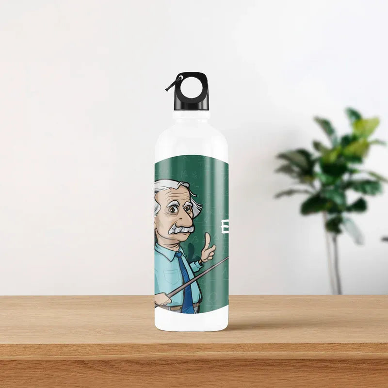 White water bottle with a cartoon character on a wooden surface with a plant in the background