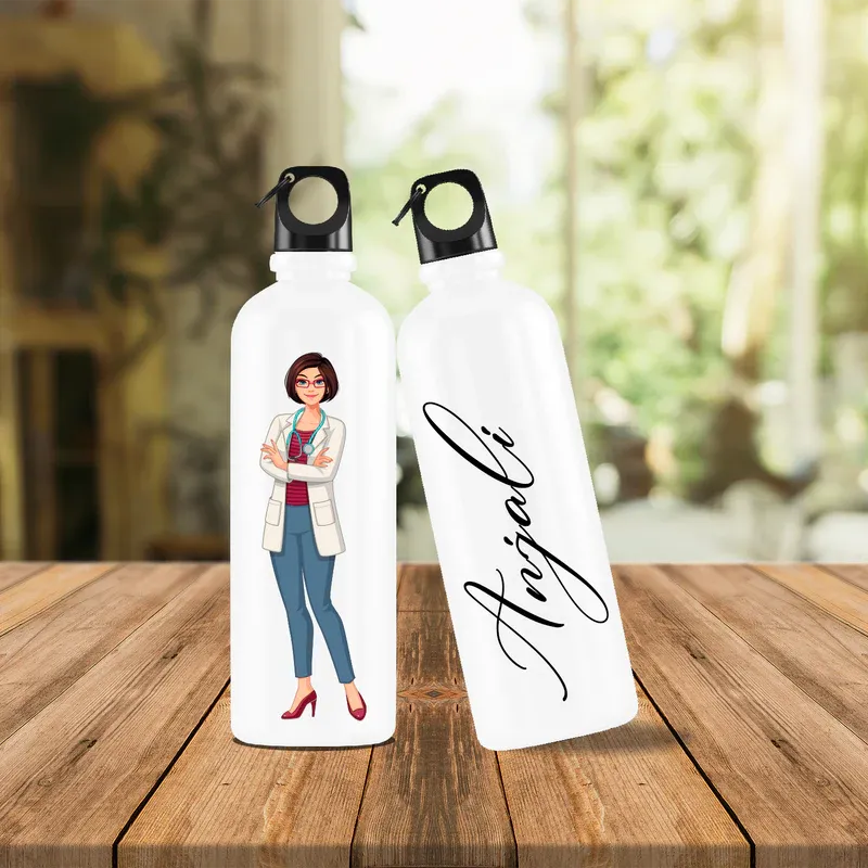 customised water bottles with a cartoon doctor illustration and personalized name on a wooden surface.