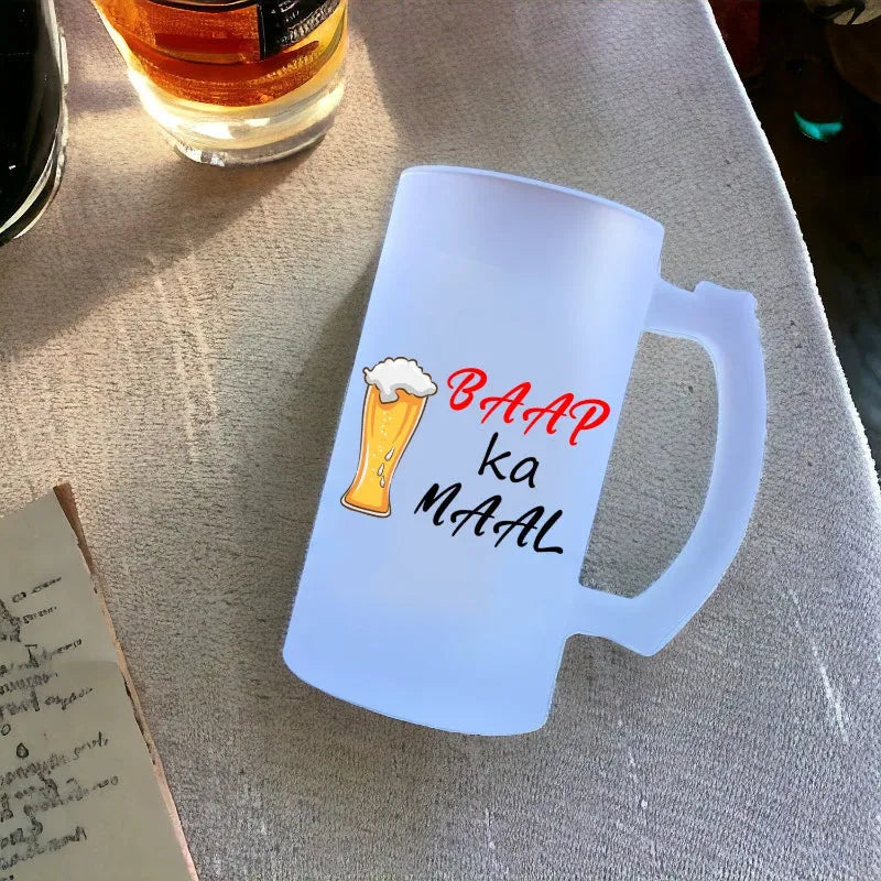 Frosted mug with 'BAAP ka MAAL' text and beer graphic on a textured surface.