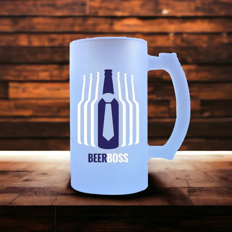 Frosted mug with 'Beer Boss' design on a wooden surface and background