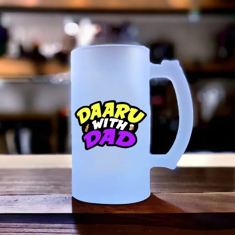 Frosted mug with 'DAARU WITH DAD' text on a wooden surface with a blurred background