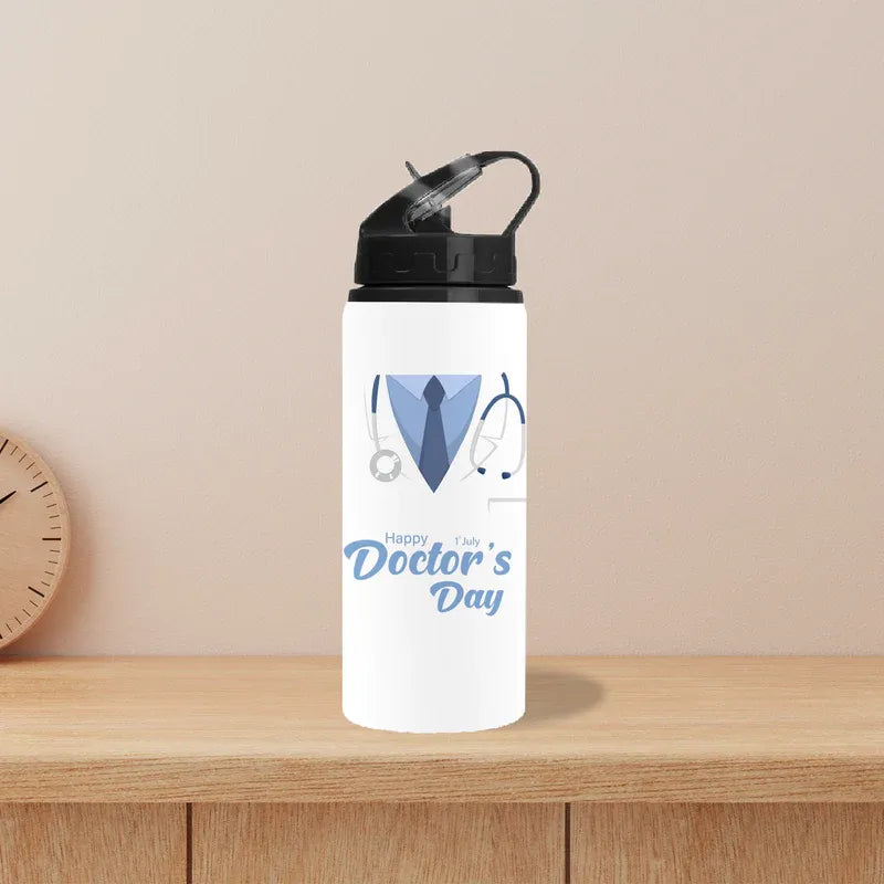 White water bottle with a doctor-themed design on a wooden surface.
