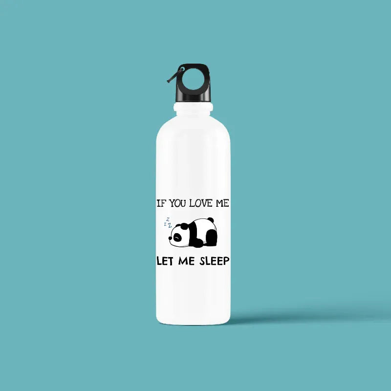 White water bottle with panda design and text on a teal background