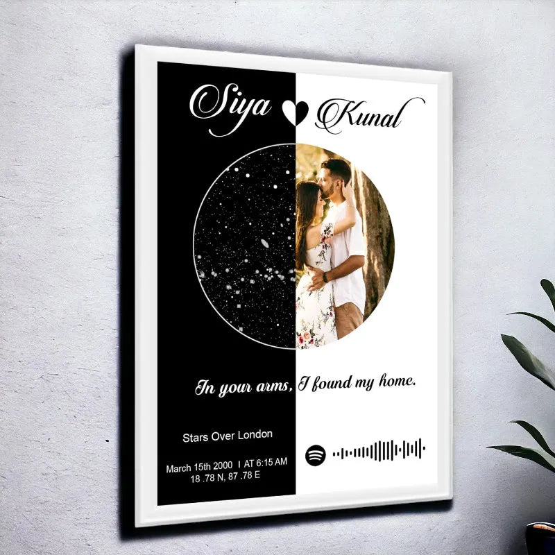 Personalized wall art with names 'Siya' and 'Kunal', a photo of a couple, and text on a white and black background.