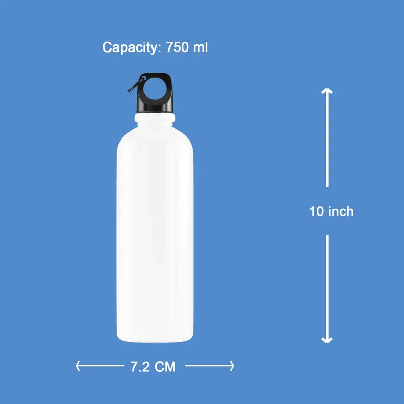 White water bottle with black cap on a blue background, showing capacity and dimensions.