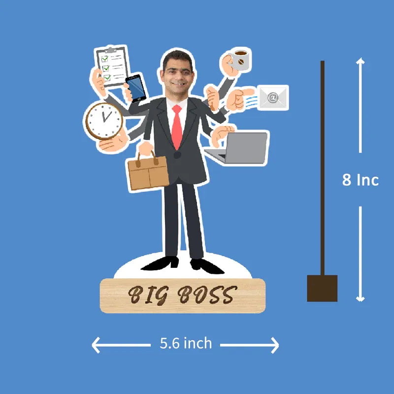 Illustration of a 'Big Boss' figurine with multiple arms and objects on a blue background