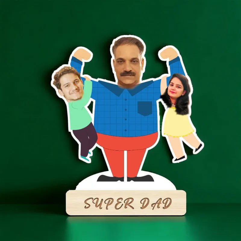 Decorative item with cut-out figures of a man, boy, and girl lifting weights, labeled 'Super Dad' on a green background.