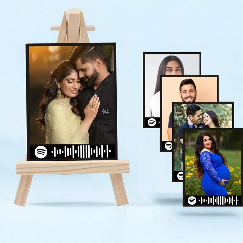 Collection of framed photos with a Spotify logo on a light blue background