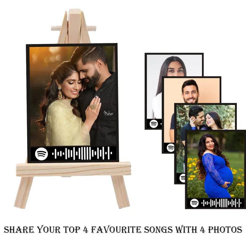 Collage of photo frames with Spotify music controls on a white background