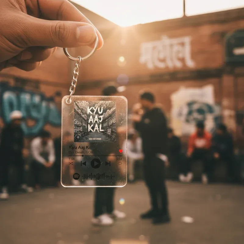 Keychain with 'KYU AAJ KAL' design held by a hand against a blurred background of people and graffiti.
