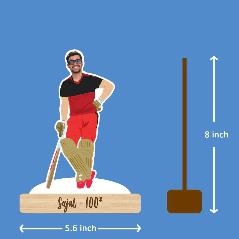 Illustration of a cricket player caricature with measurements on a blue background