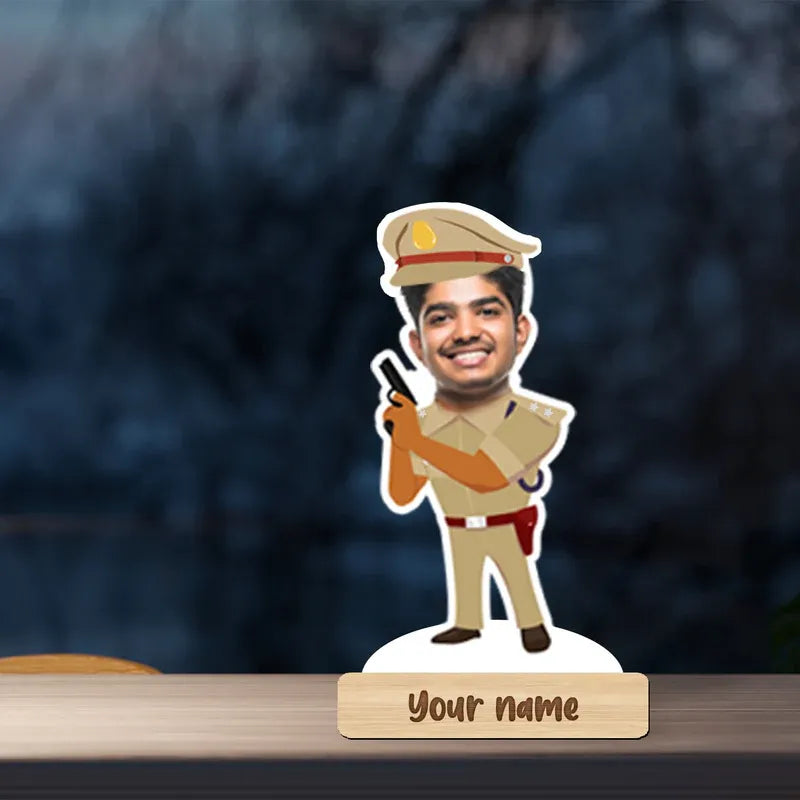 Customizable caricature of a person in police uniform with a nameplate on a dark background