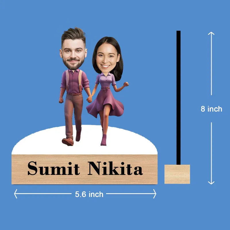 Caricature figures of a man and woman with dimensions on a blue background