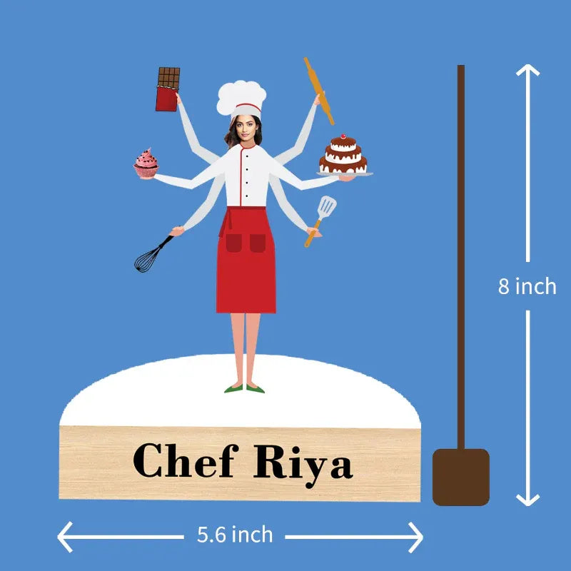 Multitasking chef figurine with measurements on a blue background