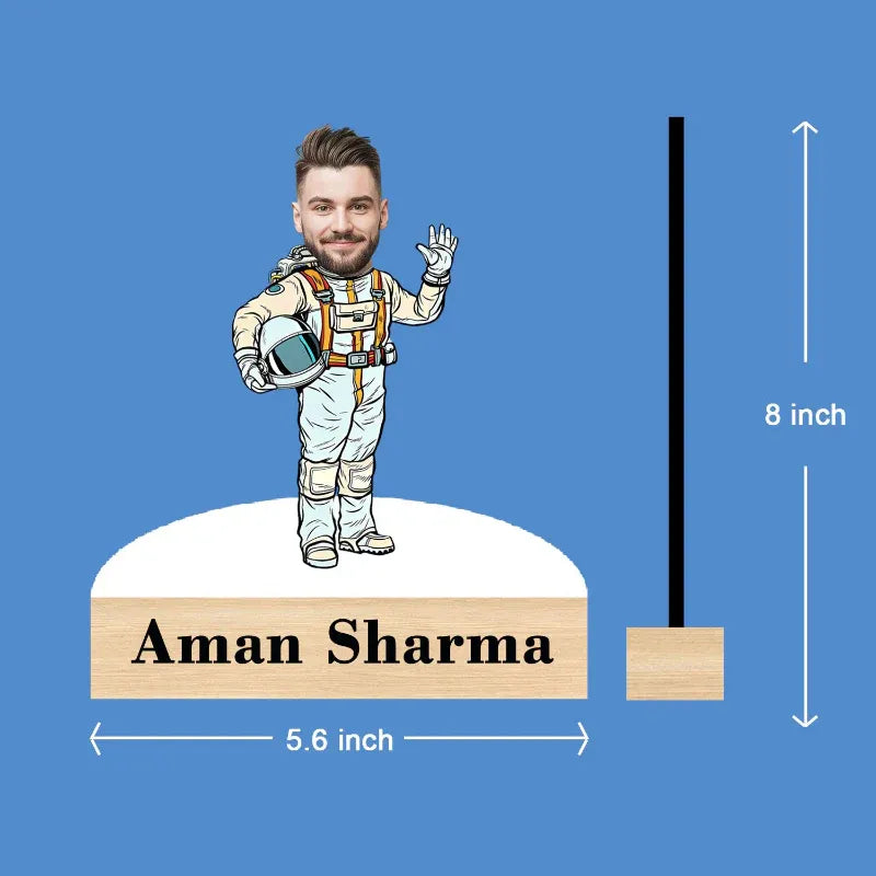 Illustration of a person in an astronaut suit with dimensions on a blue background