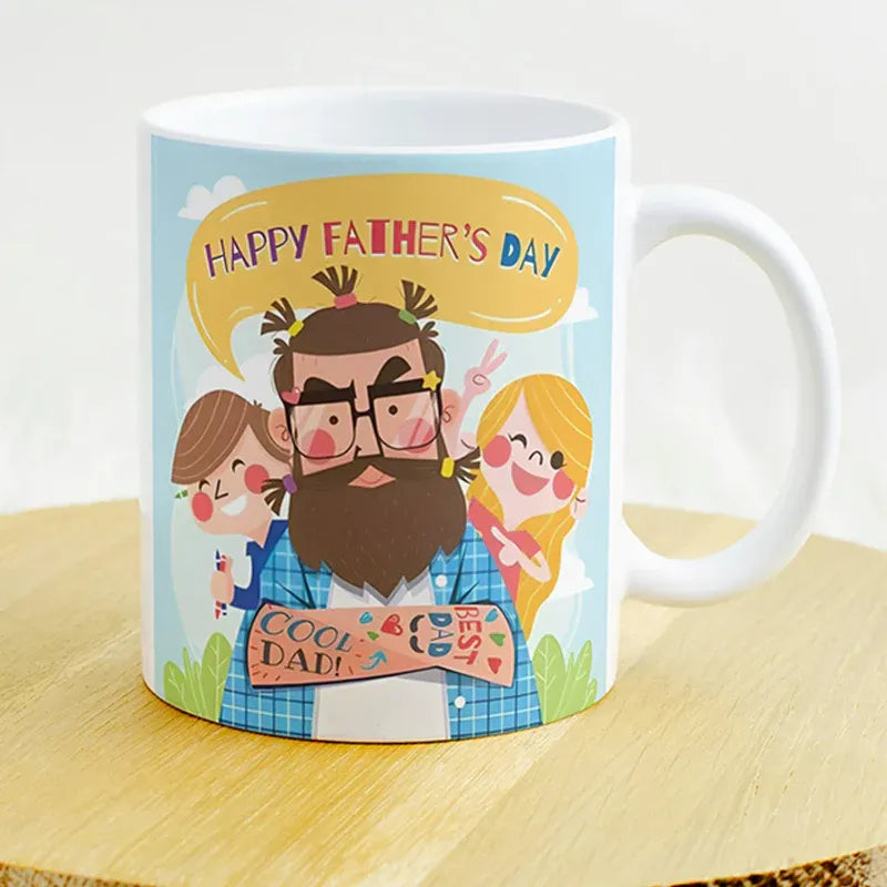 Mug with a cartoon design of a father and children on Father's Day, on a wooden surface.