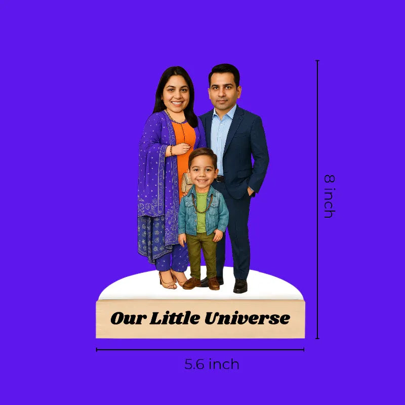 Family figurine with a child on a purple background, labeled 'Our Little Universe'.